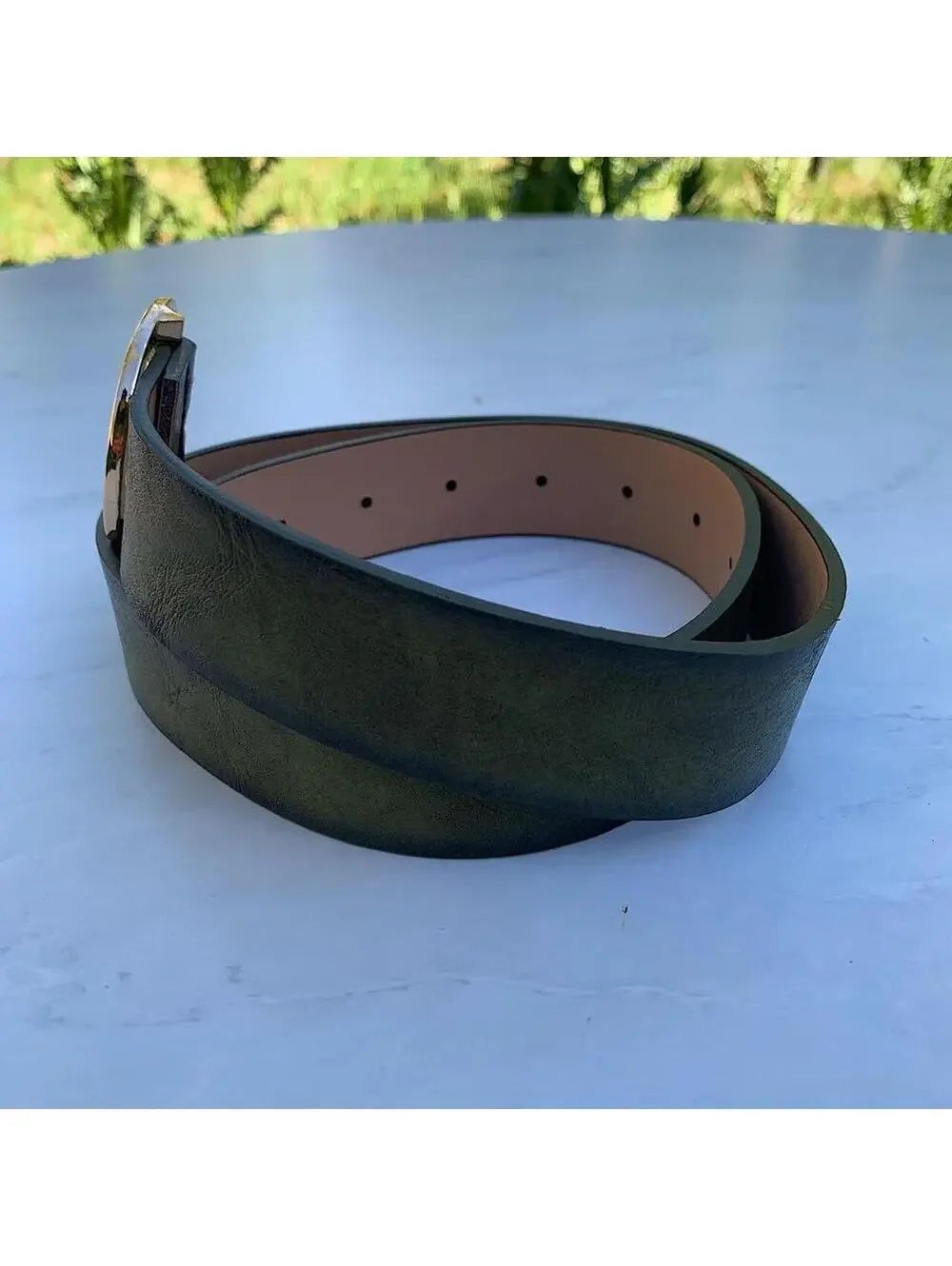 Faded Green leather belt with Gold oval belt buckle. Very cool unique belt. Y2k